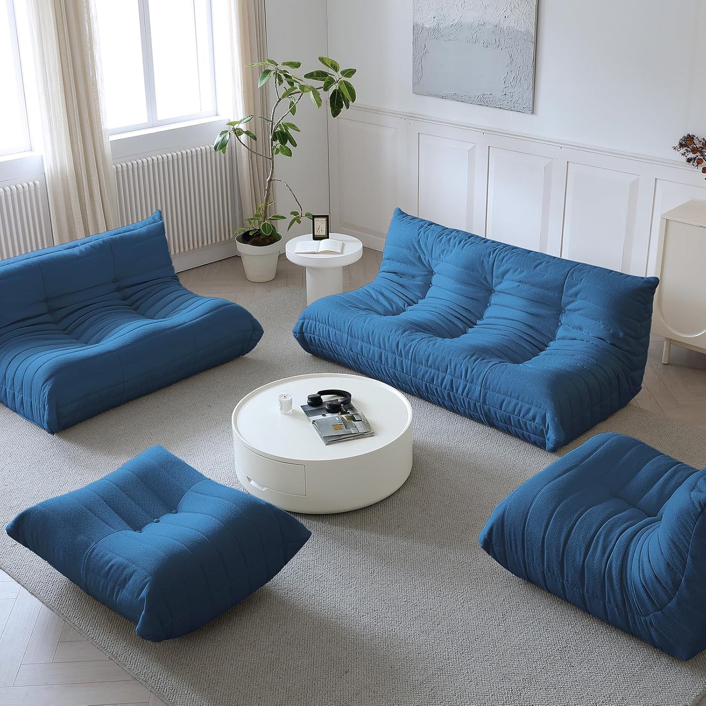 Luxury Sofa Couch Chair, Lazy Floor Seating, Fireside Bean Bag Chair, Ergonomic Tatami Sofa Lounger for Living Room, Bedroom, Office, 3 Seat, Blue