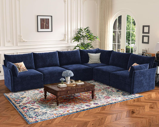 135.5" Oversized Modular Sectional Sofa, L Shaped Convertible Couch with Movable Ottoman, Large 6 Seat Corner Couches for Living Room Deep Seat Blue Chenille