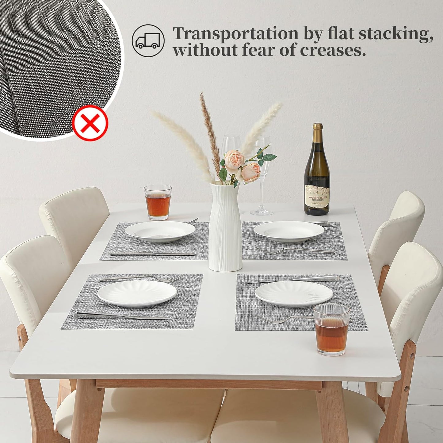 Leetaltree Linen Grey Placemats Set of 4 - Heat Resistant Non-Slip Place mats for Dining Table, Washable Durable PVC Vinyl Woven Table Mats(Linen Grey, 4)