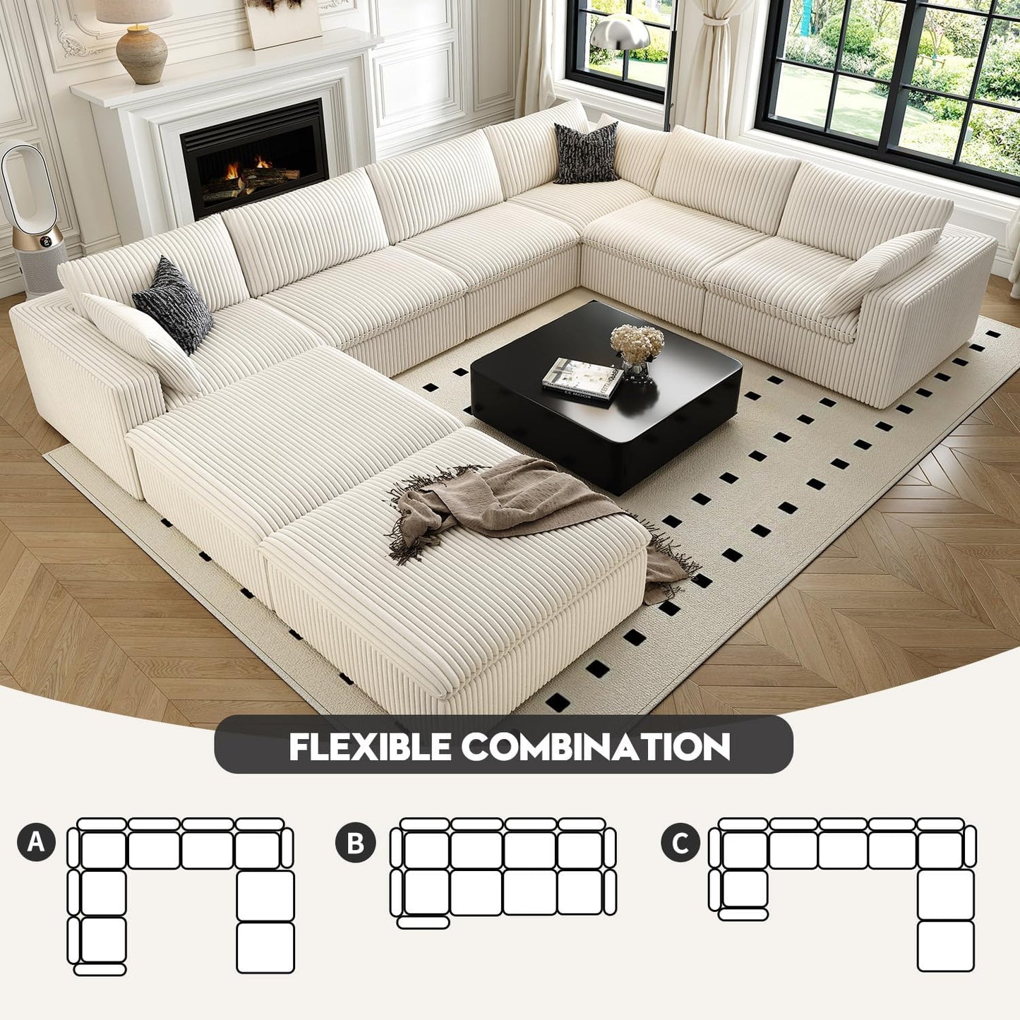 157.5" Cloud Couch Oversized Modular Sectional Sofa for Living Room,Modern Sofa with Deep Seat,8 Seater Boneless Couch with 2 Ottoman,Comfy Upholstered Couches for Apartment, Studio, Office,White