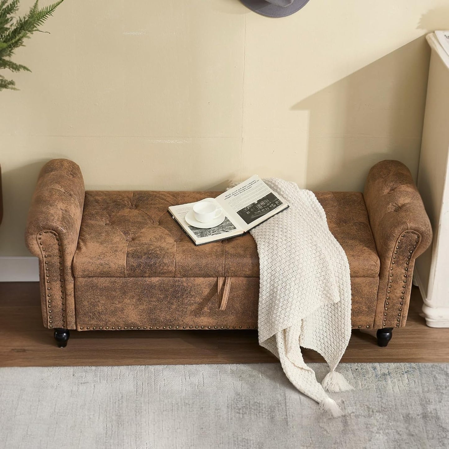 Furniliving 55” End of Bed Bench, Bedroom Bench with Button-Tufted, Large Upholstered Storage Ottoman Entryway Bench with Storage Shoe Cabinet Bench, for Bedroom, PU, Coffee