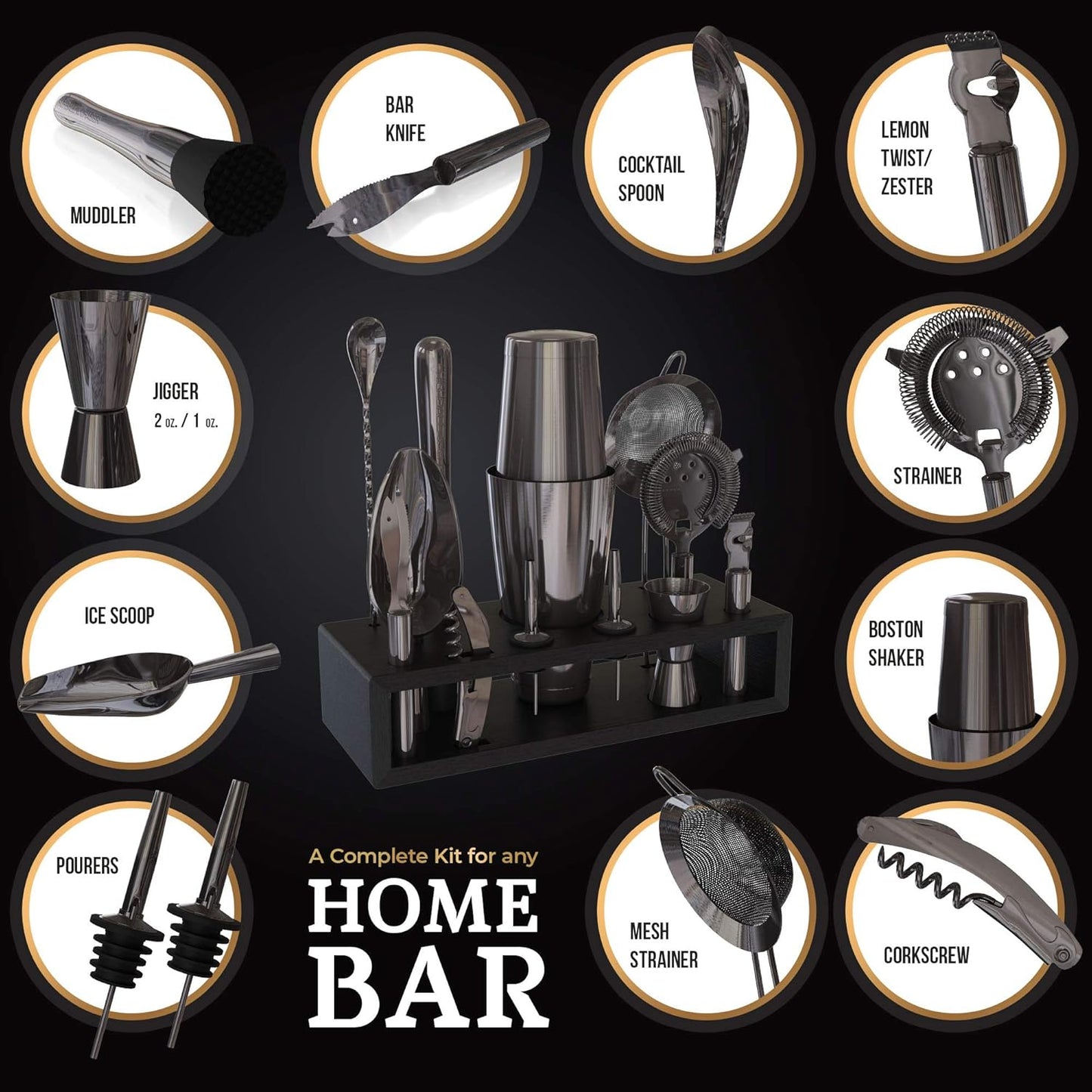 Highball & Chaser 13-Piece Gunmetal Black Stainless Steel Boston Cocktail Shaker Bar Tool Set with Mixology Bartender Kit Accessories