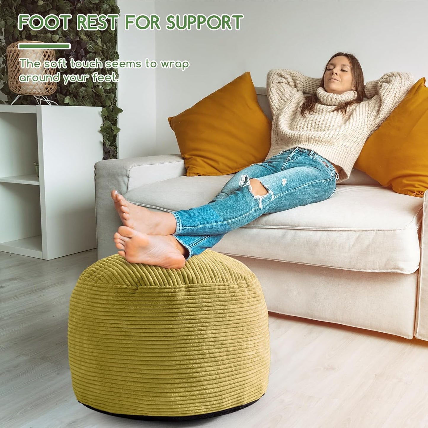 HIGOGOGO Round Stuffed Pouf Ottoman, Corduroy Poufs with Foam Chunk Filling, Furry and Fluffy Pouf Foot Stool Storage Ottoman, 26 X 18 Floor Poufs Foot Rest for Living Room, Green