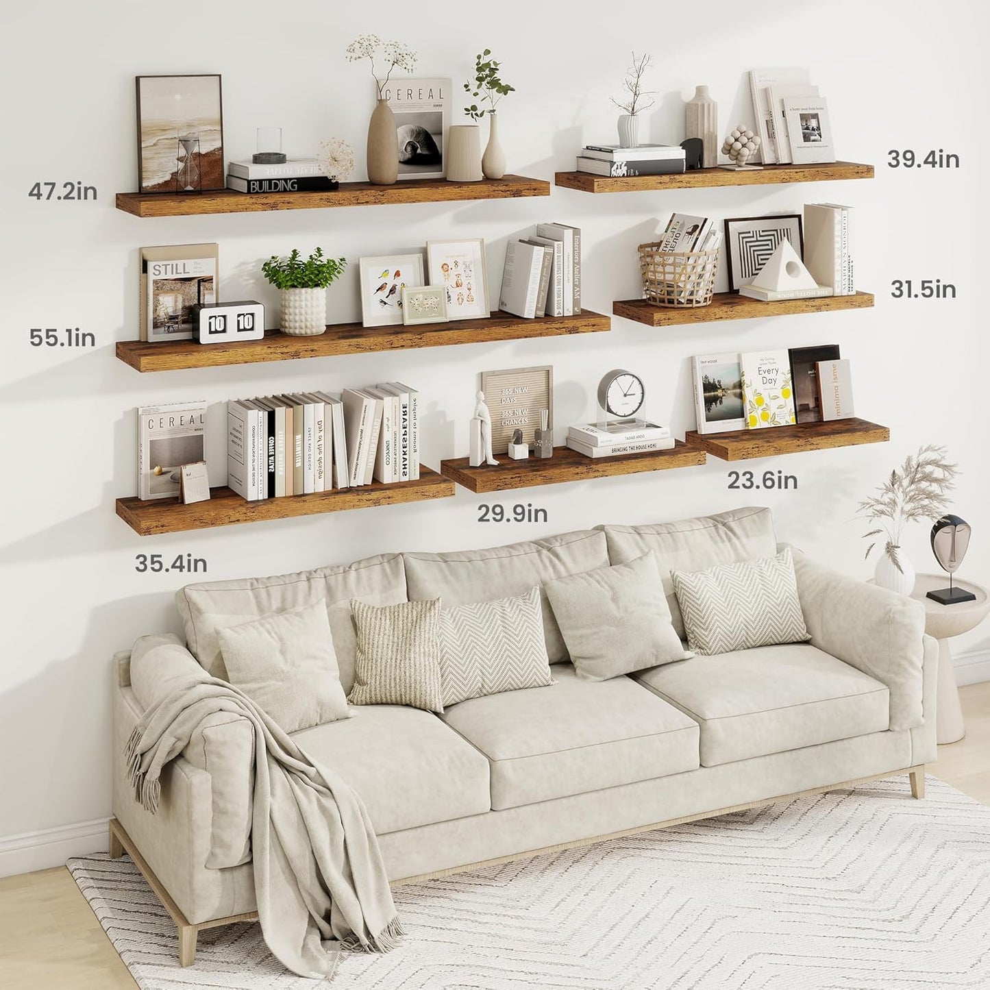 36 Inch Floating Shelves, 9.3 Inch Deep Rustic Wall Shelves - Extra Deeper Wall Mounted Storage Shelves for Bathroom, Kitchen, Living Room (Brown, Set of 2)