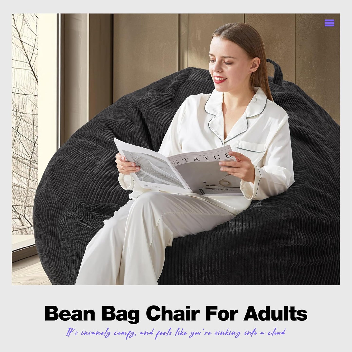 Hobestluk 4.5FT Bean Bag Chair Giant Bean Bag Chair with Filler Included Adult Bean Bag Chairs with Removable Cover for Bedroom Living Room - (Jumbo, Black)