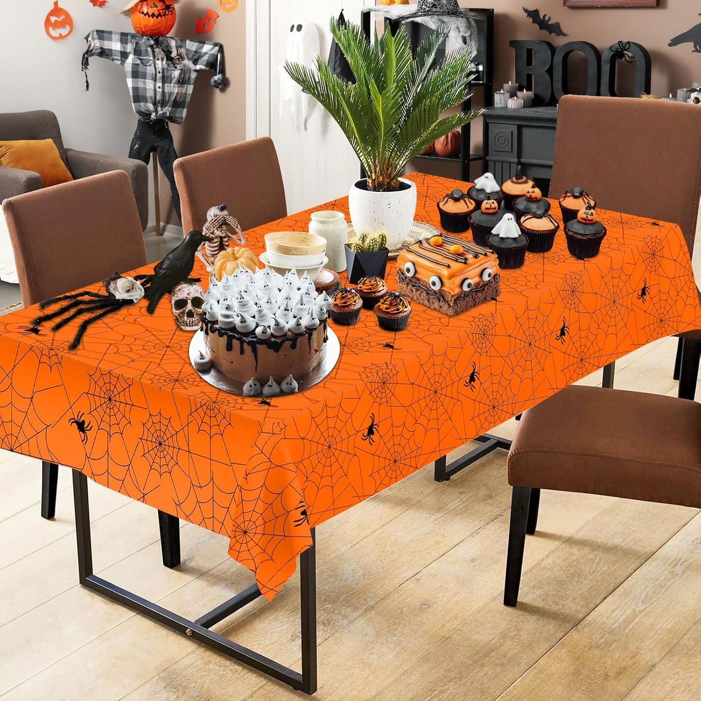 2 Pcs Halloween Tablecloth - Plastic Halloweens Spider Webs Table Cloth, Orange Disposable Rectangle Spiderweb Table Cover for Halloween Party Decorations Supplies Favors Tables Decor, 108 x 54 Inch