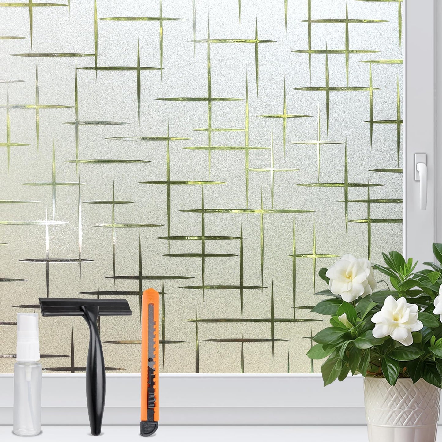 HIDBEA Window Privacy Film, Decorative Staic Cling Frosting Film, Heat Control UV Blocking Non-Adhesive Window Sticker for Home, Cross Pattern,23.6 X 78.7 Inches