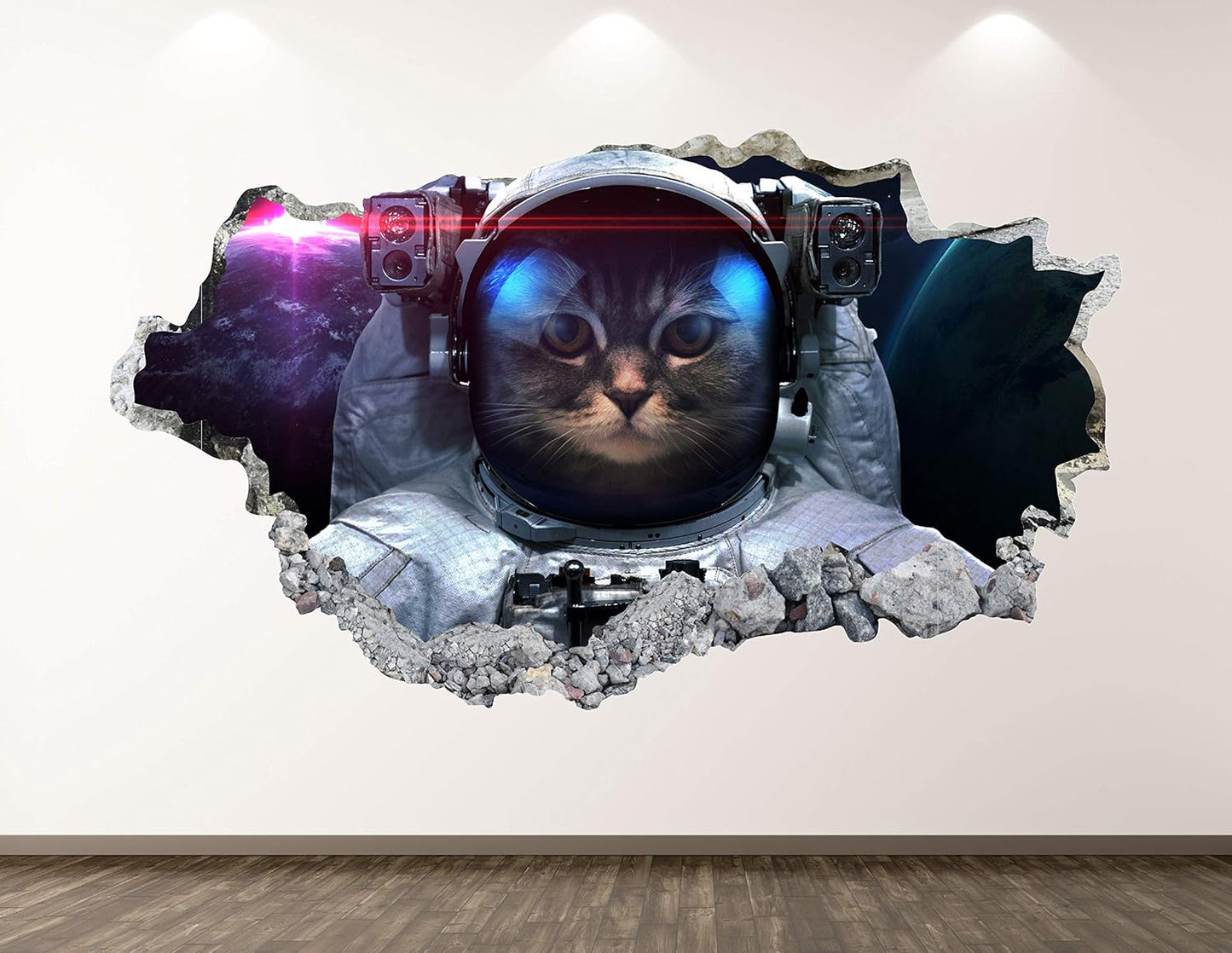 Astronaut Cat Wall Decal Art Decor 3D Smashed Space Sticker Poster Kids Room Mural Custom Gift BL203 (22"W x 14"H)
