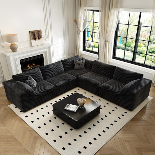 118" Cloud Couch Oversized Modular Sectional Sofa for Living Room,Modern Sofa with Deep Seat,V Shaped Boneless Couch,Comfy Upholstered Corduroy Couches for Apartment, Studio, Office,Bedroom,Black