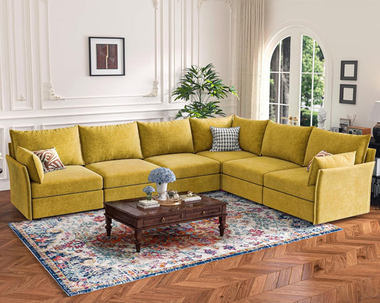 135.5" Oversized Modular Sectional Sofa, L Shaped Convertible Couch with Movable Ottoman, Large 6 Seat Corner Couches for Living Room Deep Seat Yellow Chenille