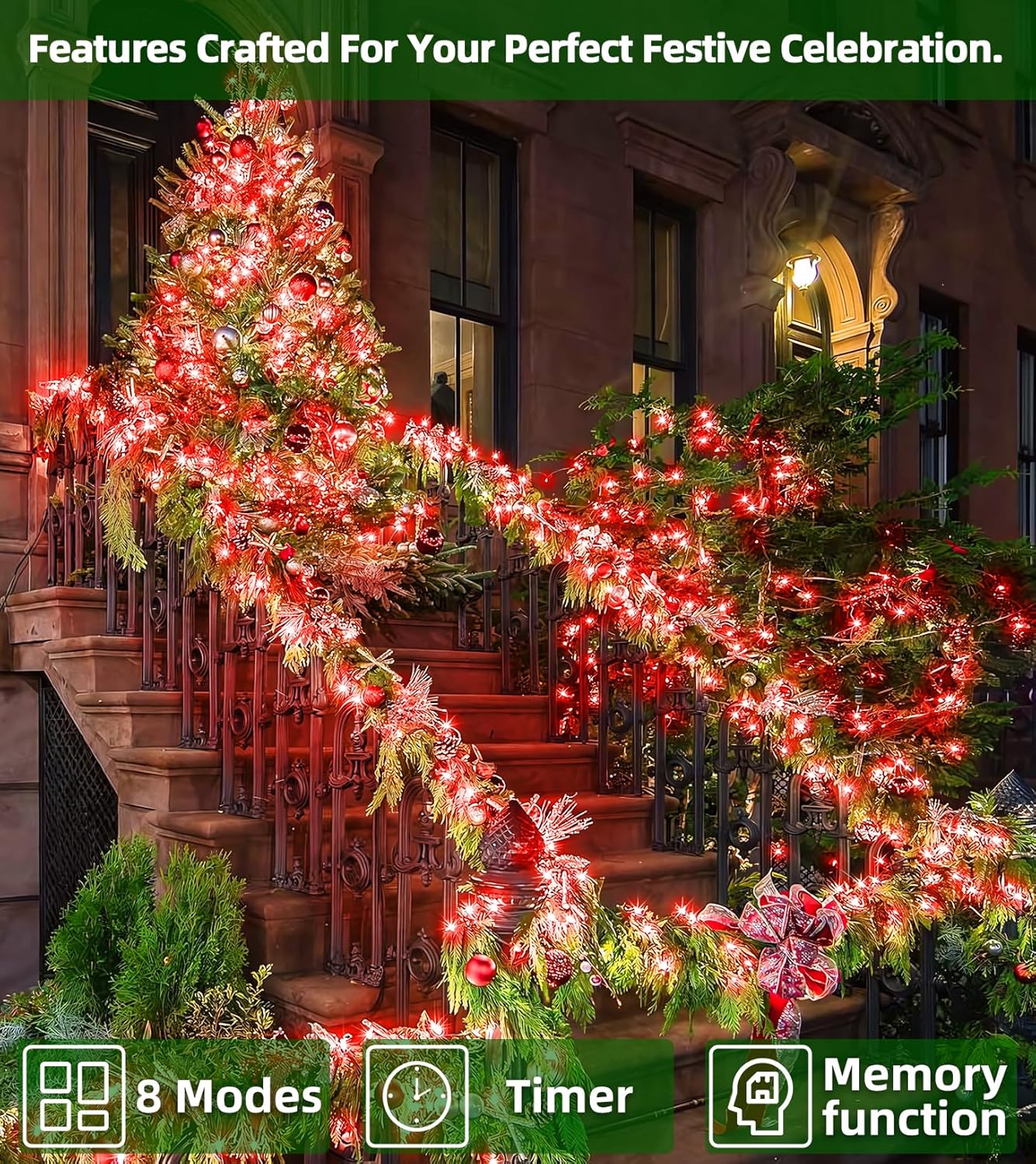 1500 LED 492FT Christmas Lights With Timer Memory - Green Wire String Lights for Indoor Outdoor Decorations, Christmas Tree, Party, Xmas, Wedding, Garden, Patio - Red