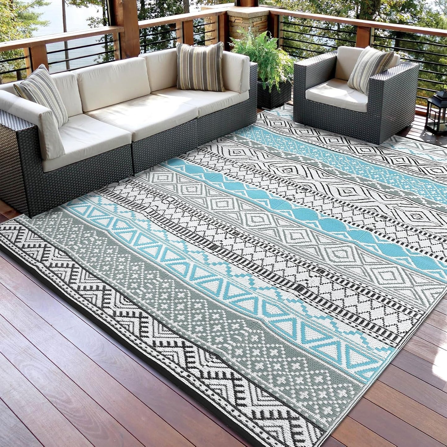 GAOMON Reversible Outdoor Rug 9'x18' Waterproof Plastic Straw Rug, Patio Rug, Large Modern Area Rug Carpet, Indoor Outdoor Rugs for Camping, Porch, Deck, Balcony, Backyard, Blue/Grey(Bohemia)