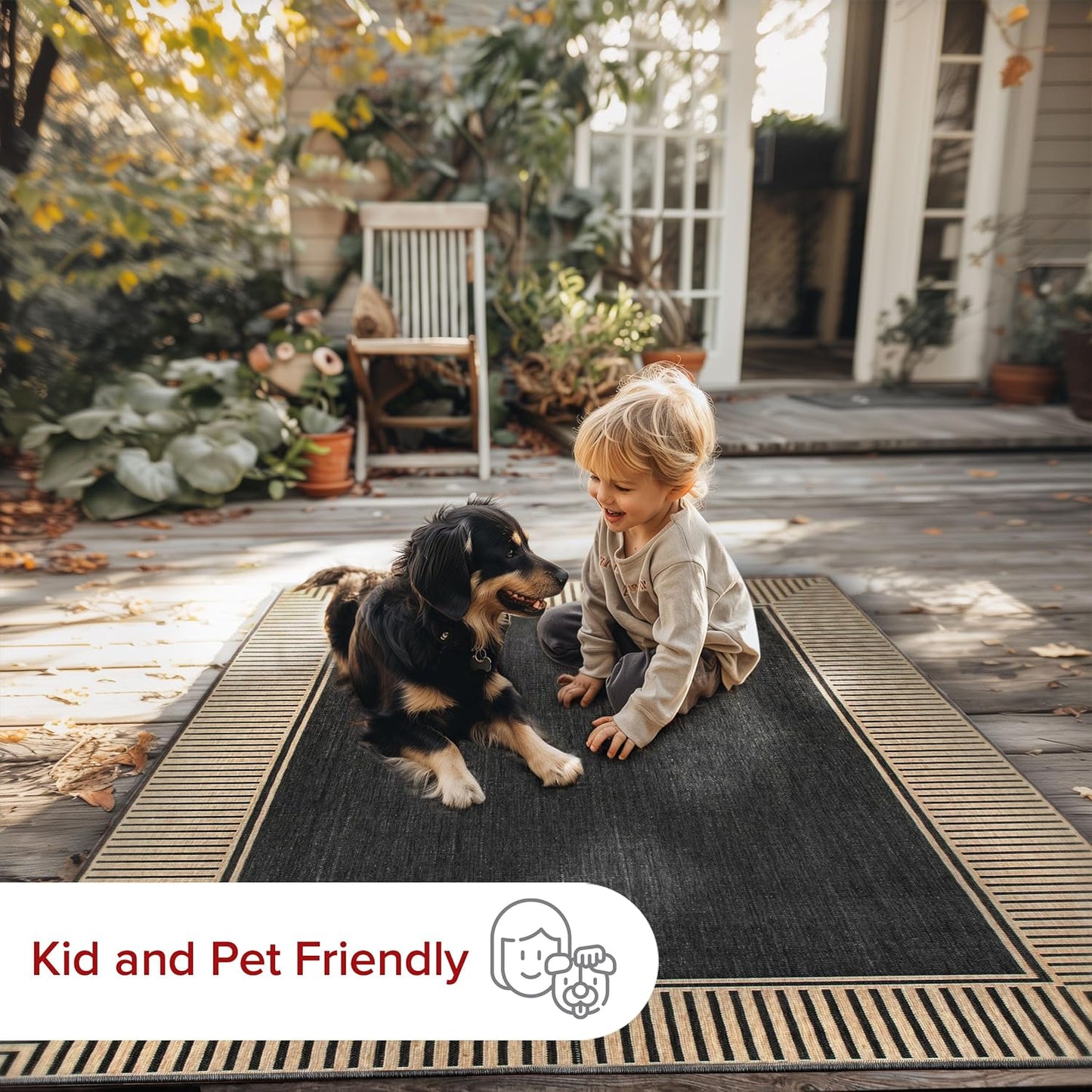 nuLOOM 4' x 6' Outdoor Area Rug, Casual Design With Striped Border, Stain Resistant, Highly Durable, For Patio, Balcony, Bedroom, Living Room, Dining Room, Bathroom, Dark Grey