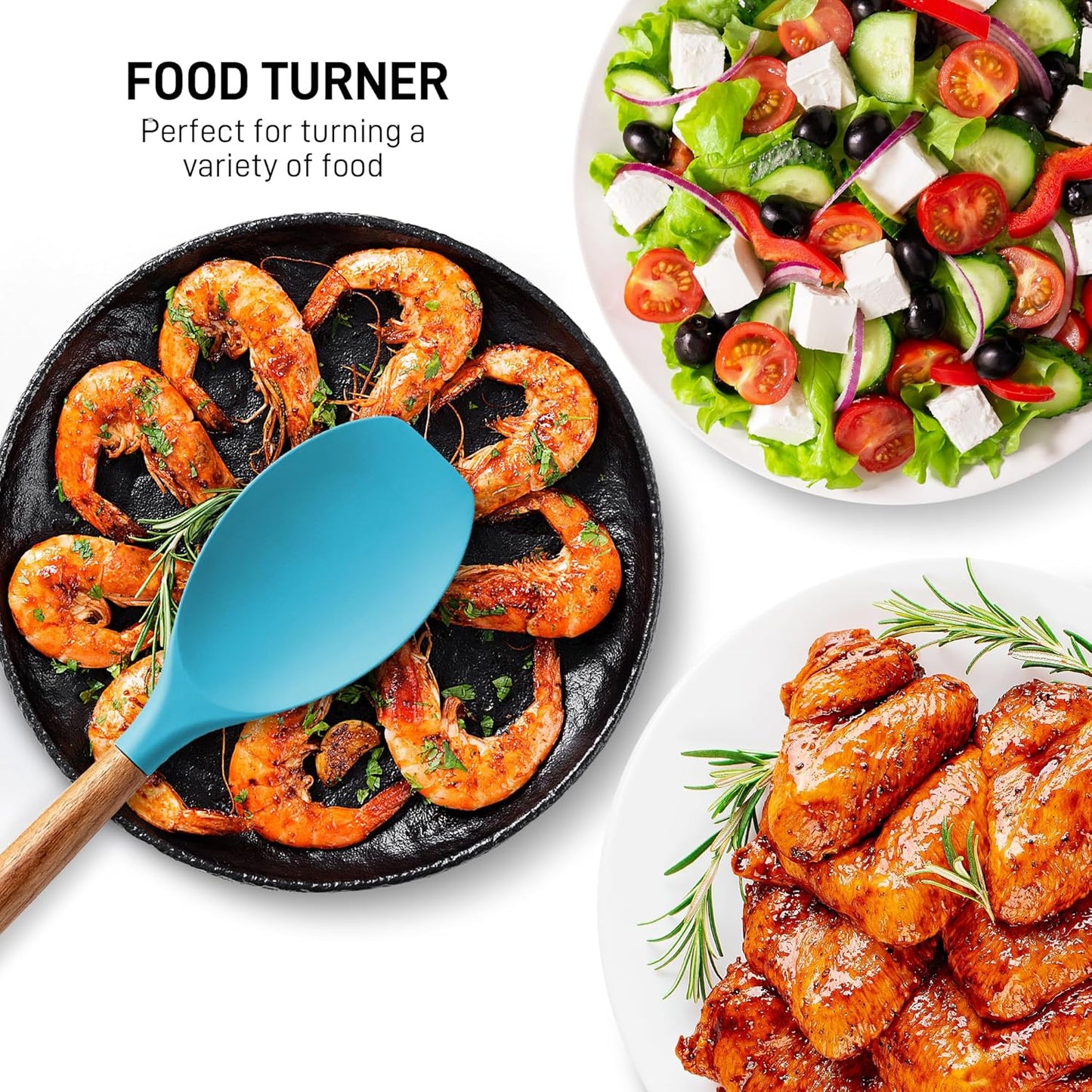 Zulay Kitchen Non-Stick Cooking Utensils Set with Authentic Acacia Wood Handles – 5-Piece Durable & Stylish Silicone Kitchen Utensils Set – Heat Resistant to 464°F – Blue