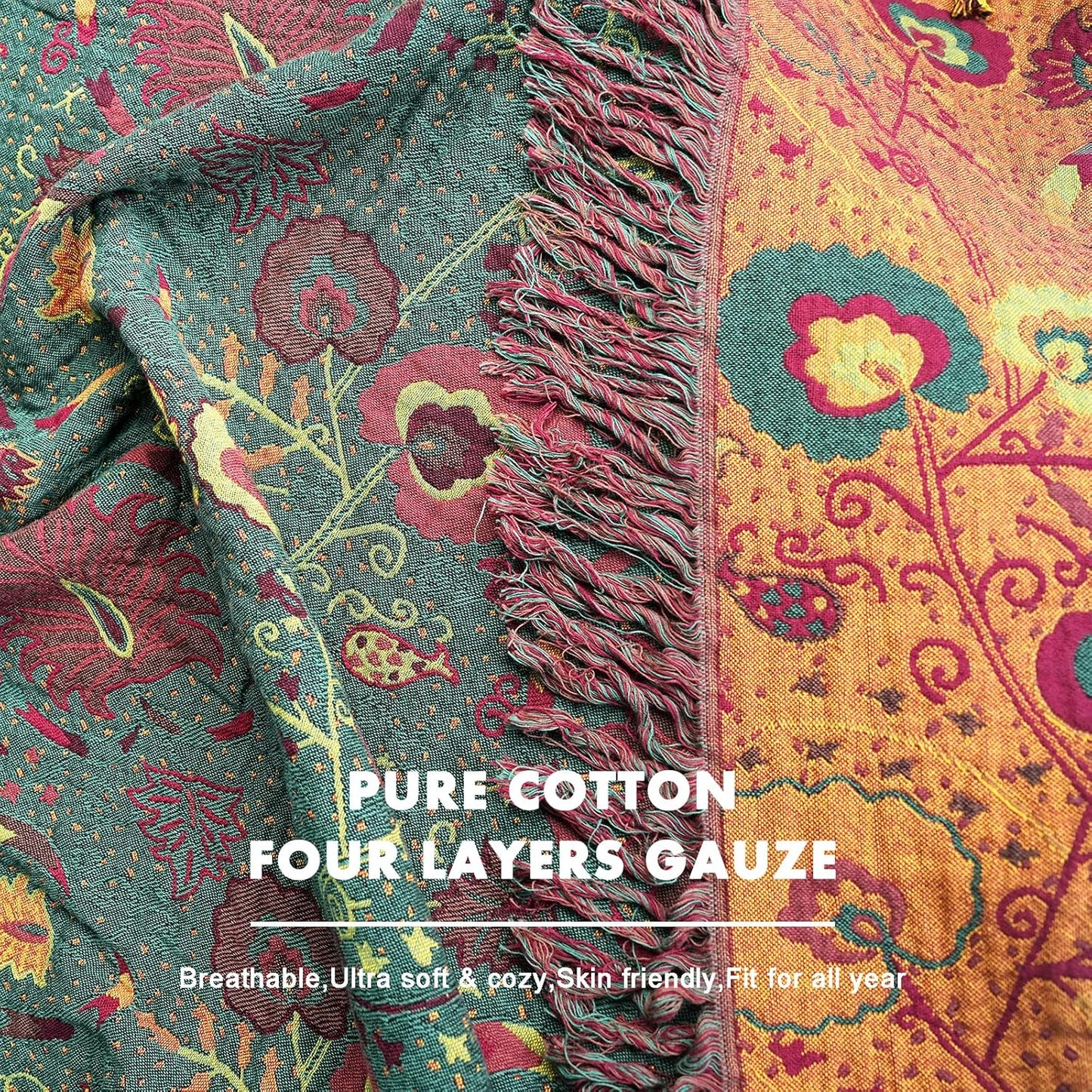 MSGKV Boho Throw Blanket for Couch and Sofa Cotton Blankets for Living Room Bedroom Reversable Florals Throw 60"x80" Breathable Cozy Blankets