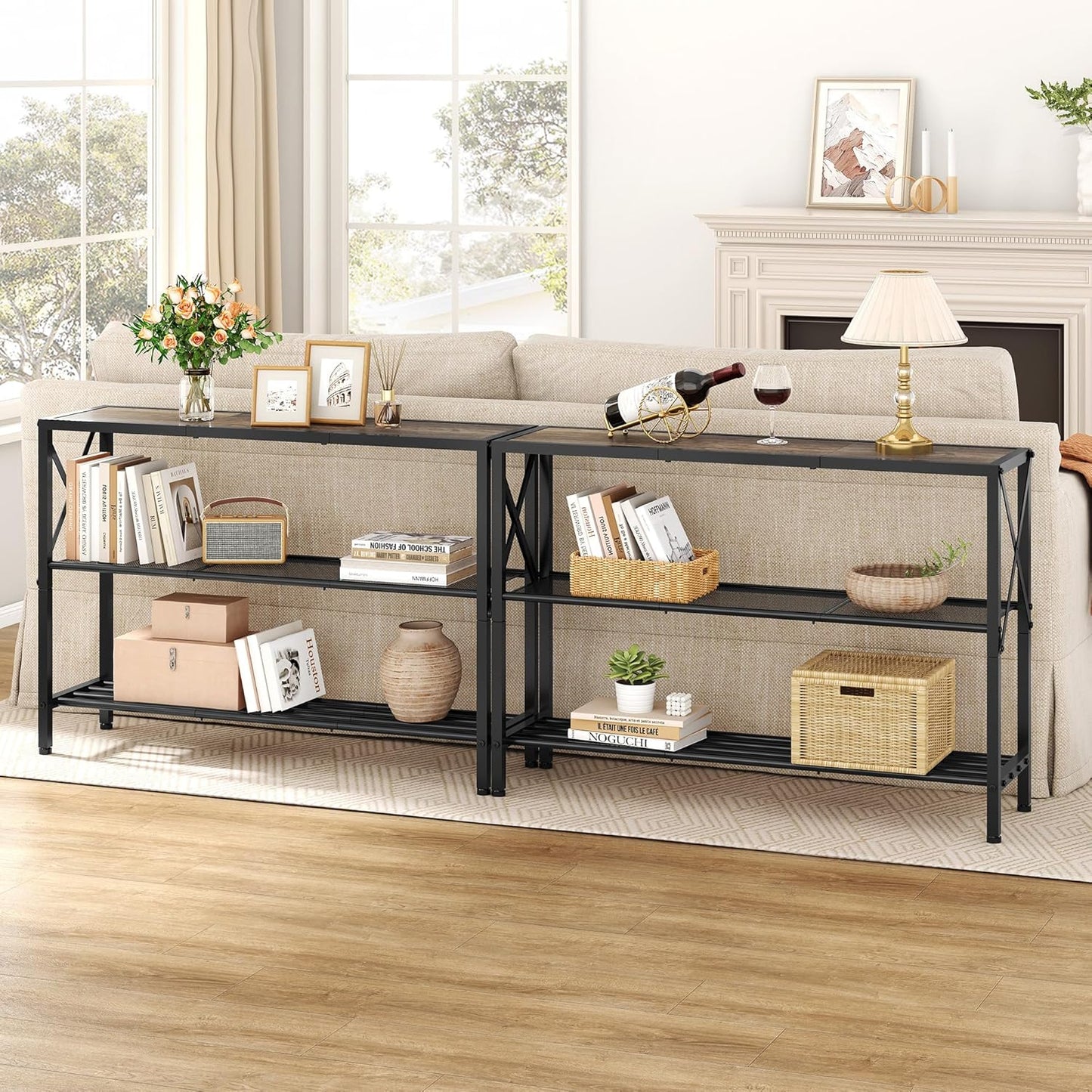 Hoctieon Industrial Console Table, 3 Tier Entryway Table, Hallway Table, Narrow Sofa Table with Shelves, Entrance Table for Entryway, Living Room, Foyer, Hallway, Office, Grey