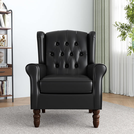 High Back Accent Chair,Upholstered Faux Leather Wingback Armchair with Solid Wood Legs for Small Spaces,Comfy Single Sofa Chair for Living Room,Bedroom,Office-Black