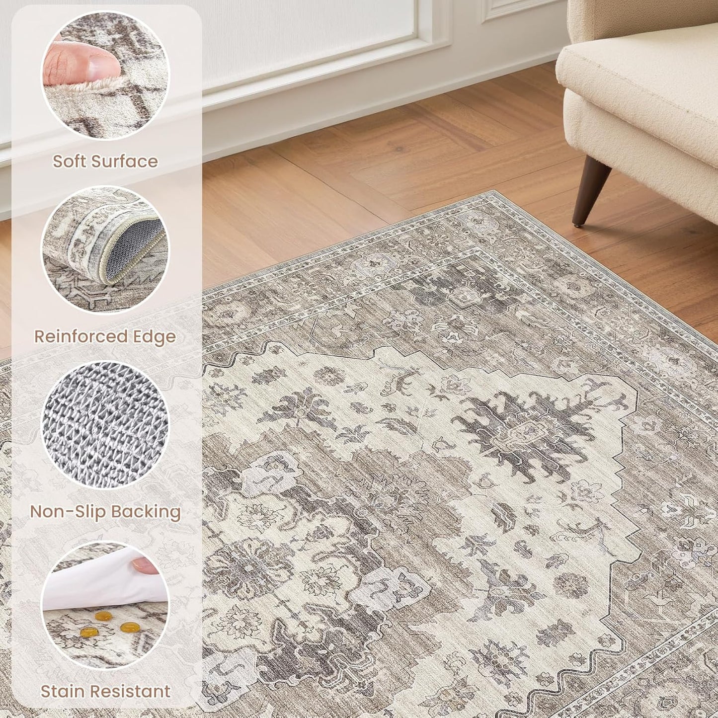 Washable Area Rugs for Living Room - 5x7 Neutral Vintage Distressed Floral Farmhouse Boho Large Soft Floor Rug Indoor Non Slip Carpet for Living Room Bedroom Dining Room Office -Brown/Beige