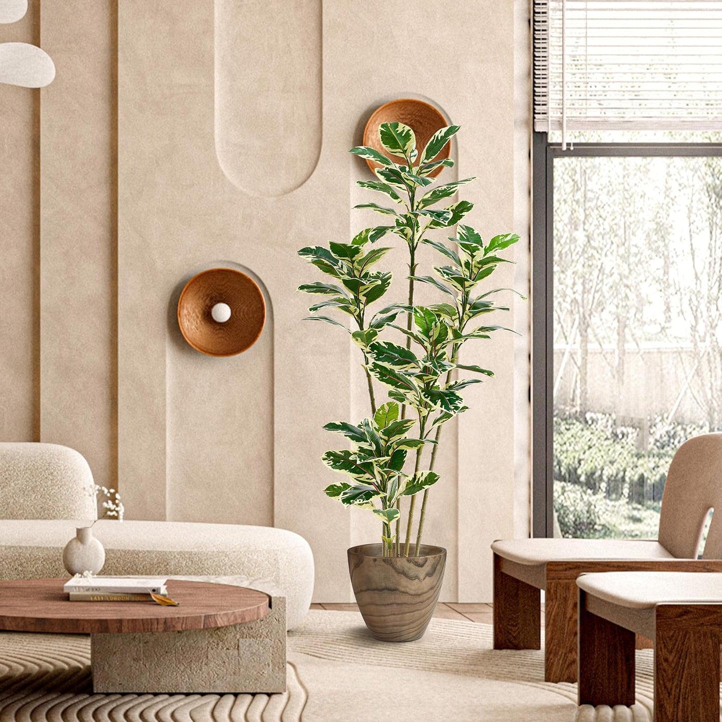 Artificial Rubber Plant 6FT Faux Plants Indoor Fake Rubber Tree with White Planter, Tall Fake Plants Potted Tree Floor Plant in Pot, Artificial Trees for Home Office Room Outdoor Decor