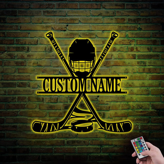 Hockey Metal Wall Art LED Sign – Custom Light Up Name Sign with Helmet & Sticks, 16-Color LED with Remote Control, Hockey Decor for Boys Room, Sports Fans