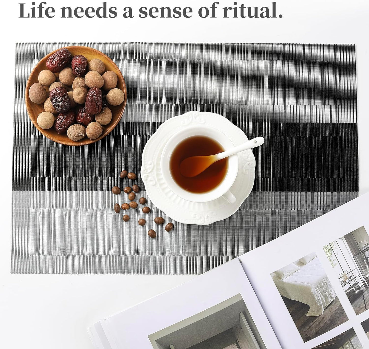 Leetaltree Grey with White Striped Placemats Set of 12 - Heat Resistant Non-Slip Place mats for Dining Table, Washable Durable PVC Vinyl Woven Table Mats(Grey Stripe, 12)