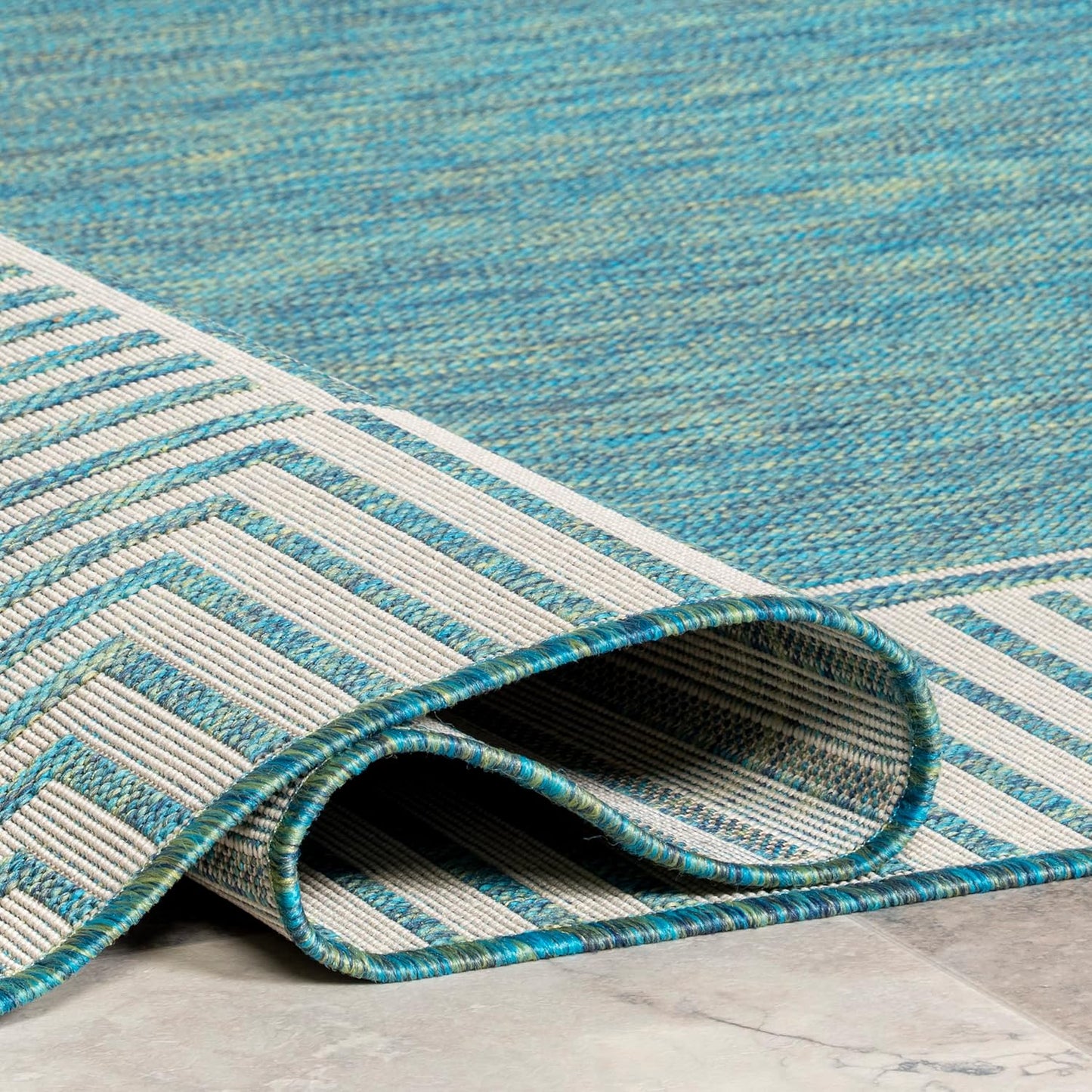 nuLOOM 9'6" x 12' Outdoor Area Rug, Casual Design With Striped Border, Stain Resistant, Highly Durable, For Patio, Balcony, Bedroom, Living Room, Dining Room, Bathroom, Teal