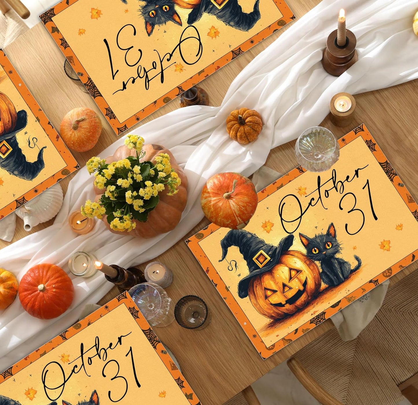 Halloween Pumpkin Placemats Set of 4, 12x18 Inch Pumpkin and Black Cat Table Mat, Washable Heat Resistant Place Mats for Kitchen Dining Table, Spooky Themed Decoration for Home-B09