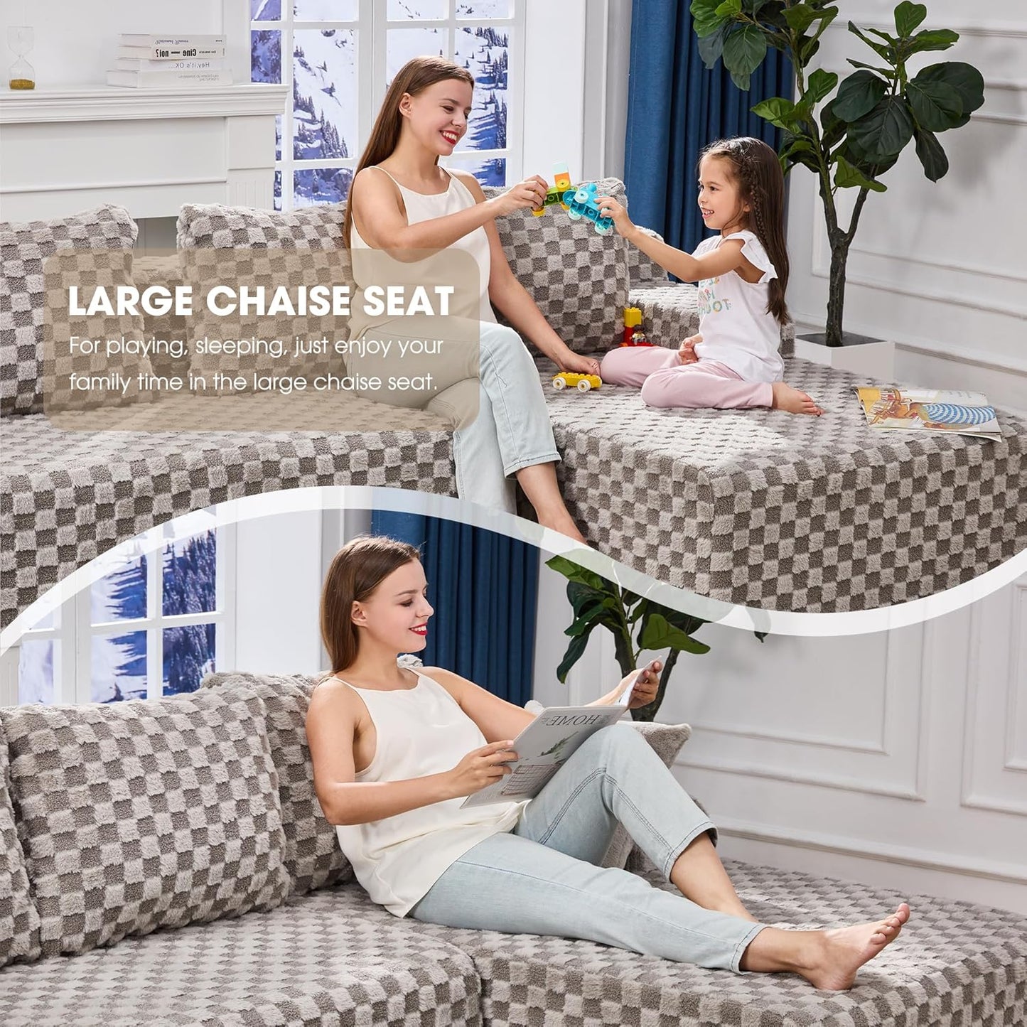 Hobestluk 96“ Modular Sectional Sofa Couches L-Shape Couch 3 Seat Modular Sofa Memory Foam Sectional Couches for Living Room, Cloud Couch with Oversized Chaise (Grey, Checked (Right Facing Chaise))