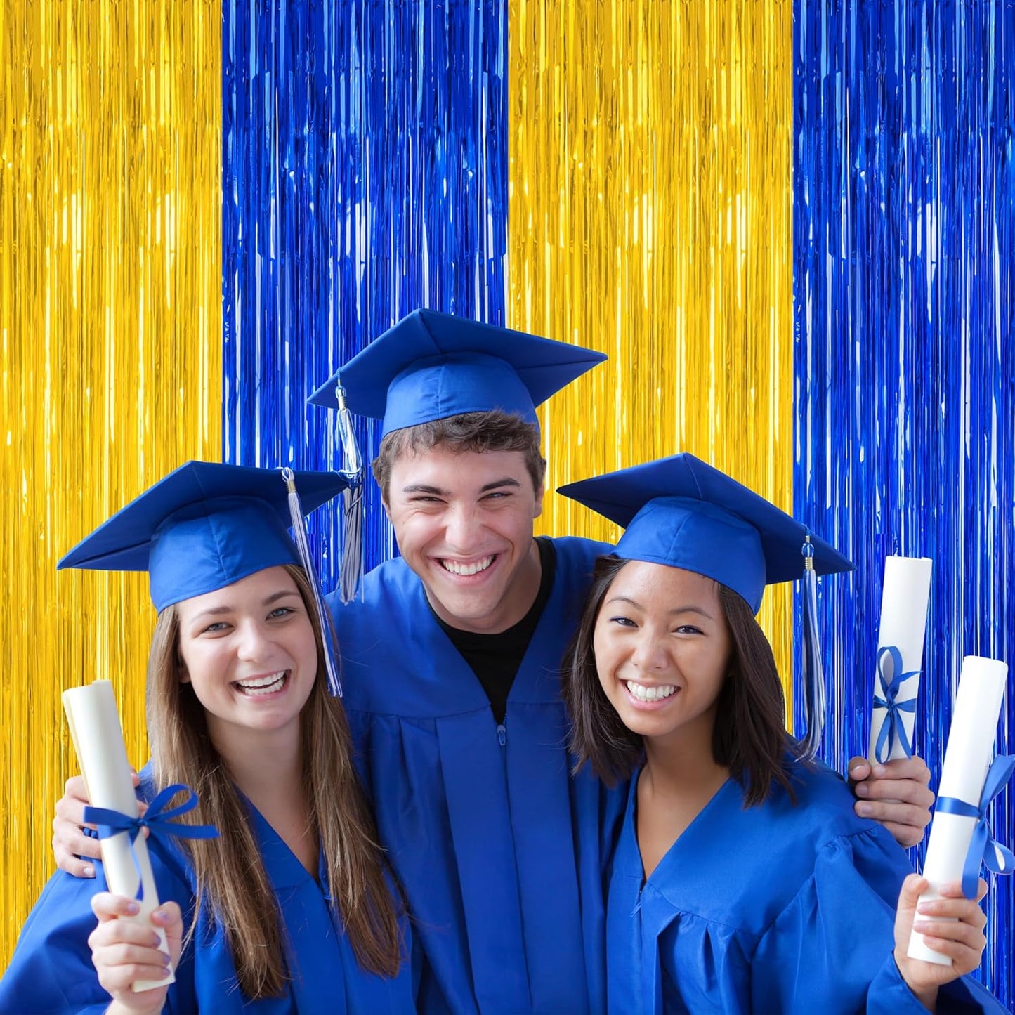 2 Pack Graduation Backdrop, 3.28 FT x 7.05 FT Class of 2025 Decorations, Blue Gold Fringe Curtains Tinsel Backdrop Party Streamer, Metallic Blue and Gold Graduation Decorations 2025