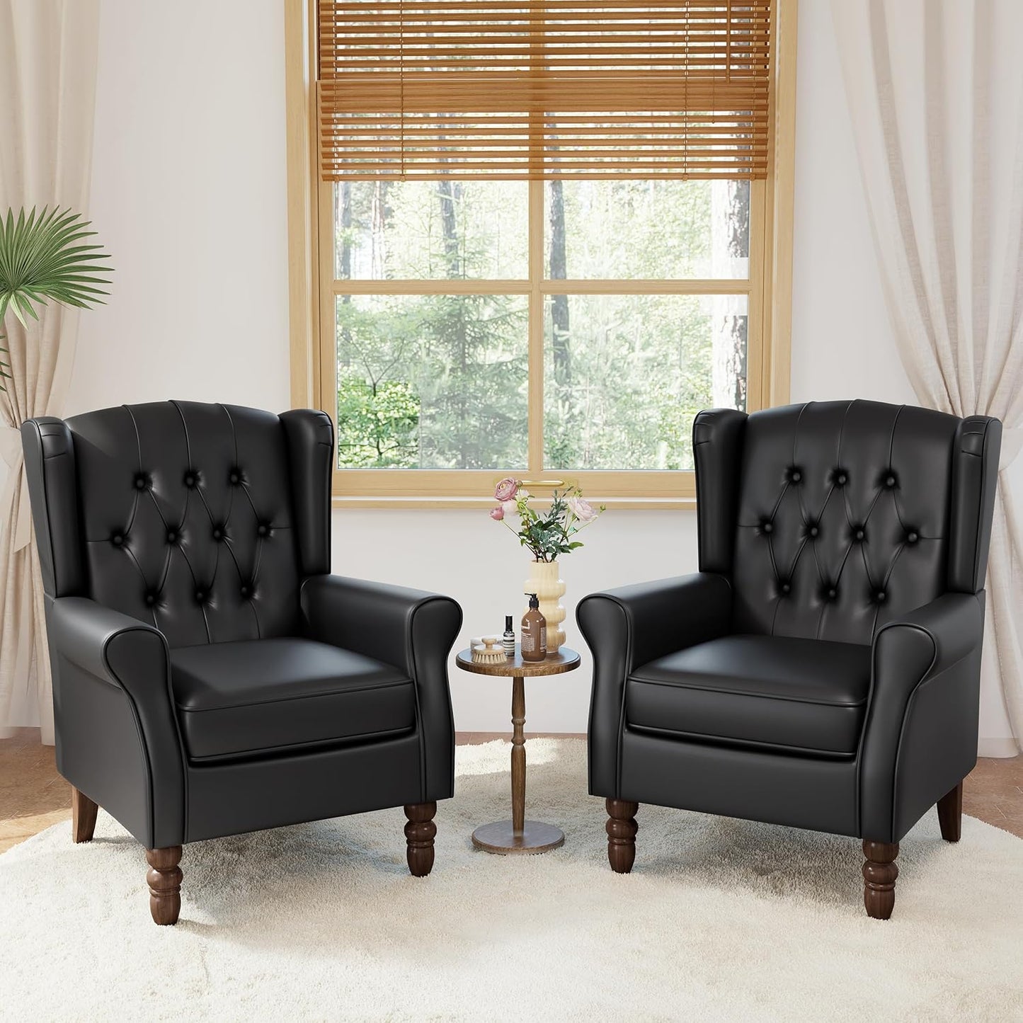 High Back Accent Chairs Set of 2,Upholstered Faux Leather Wingback Armchairs with Solid Wood Legs for Small Spaces,Comfy Single Sofa Chairs for Living Room,Bedroom-Carbon Black