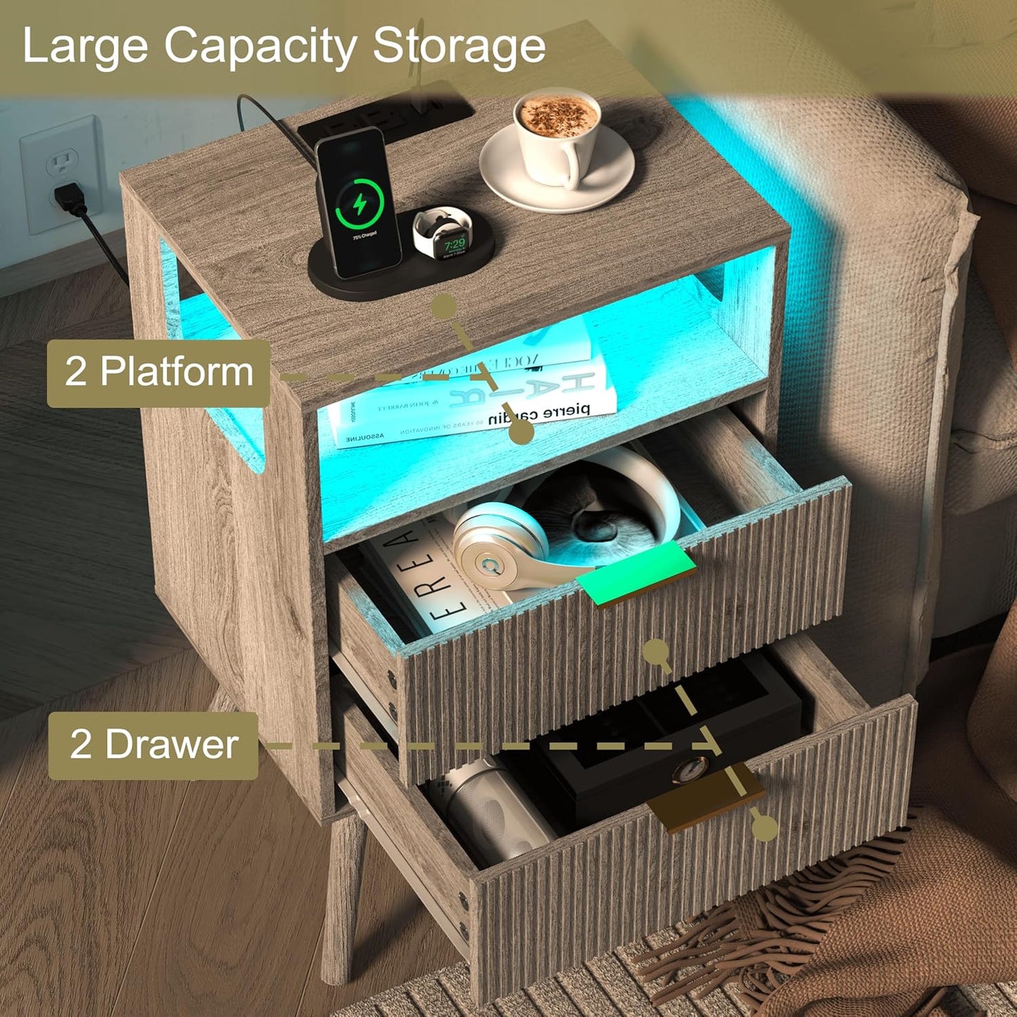Nightstand with Charging Station and LED Lights,Modern Bedside Table with 2 Storage Drawer and Open Wood Shelf, for Bedroom and Small Spaces,Night Stand with Solid Wood Legs,GreyOak