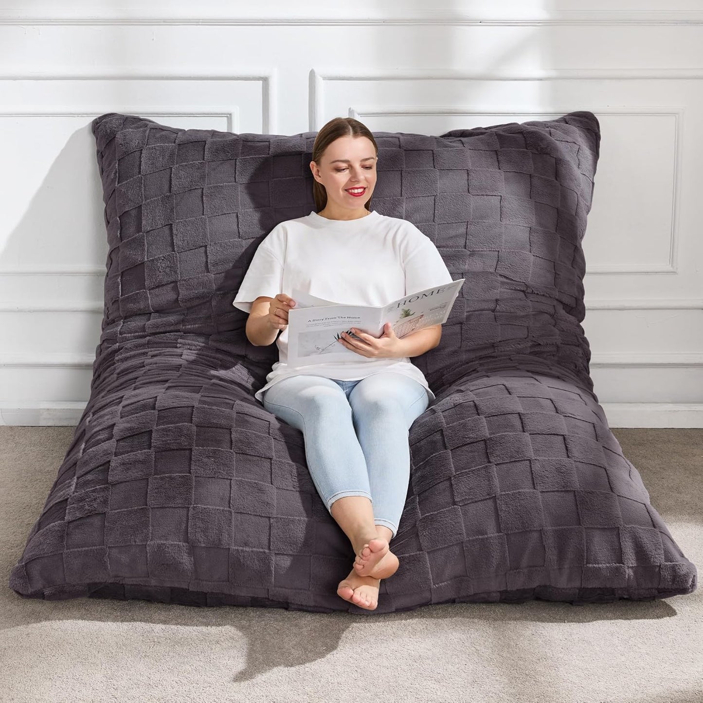 Hobestluk 3 in 1 Bean Bag Chair Giant Bean Bag Chairs for Adults with Plaid Cover Convertible Bean Bag Floor Cushion with Machine Washable Cover for Living Room (Plaid Dark Grey)