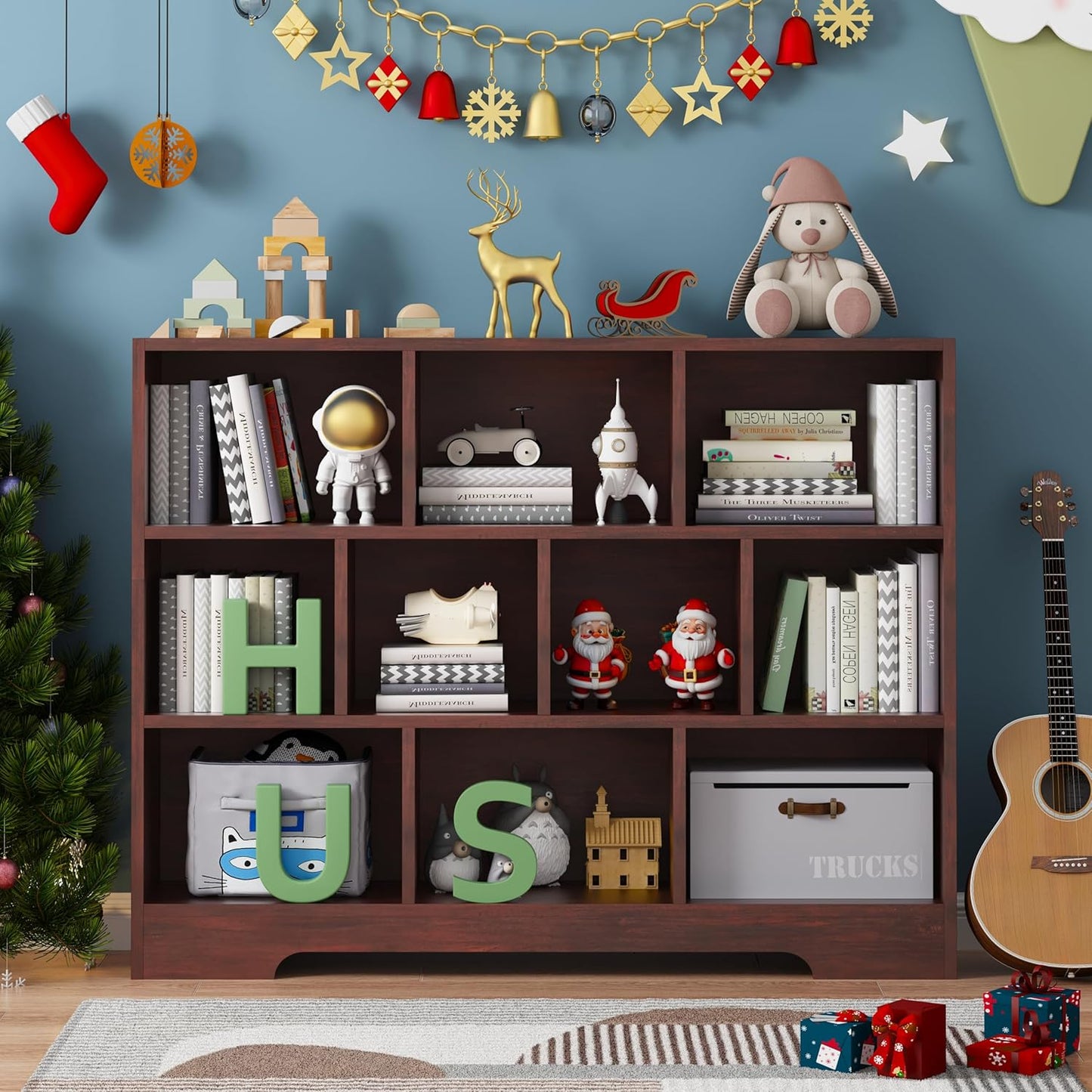 Book Shelf Set of 2, 10 Cubes Storage Organizer, 3-Tier Open Bookshelf Wooden Bookcase, Freestanding Cherry Bookshelf Cube Shelf for Living Room