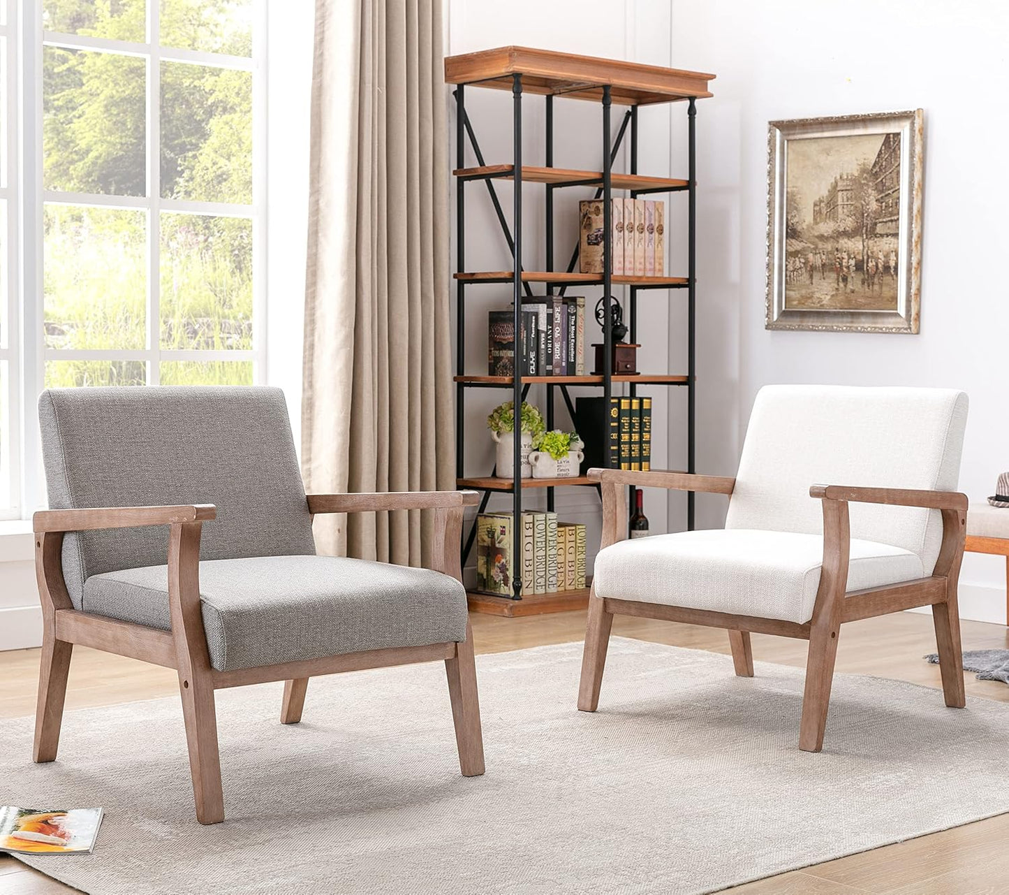 HNY Mid Century Armchair with Hardwood Frames, Linen Upholstered Living Room Chair, for Living Room Bedroom, Light Grey