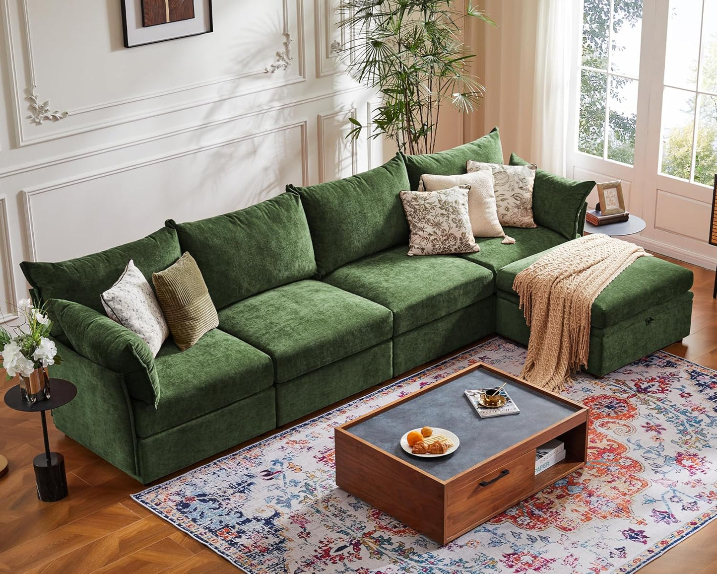 134.6" Luxury Modular Sectional Convertible Sofa with Storage Ottoman, L-Shape 5-Seat Oversized Comfy Couch Deep Seat with Reversible Chaise - Chenille Green