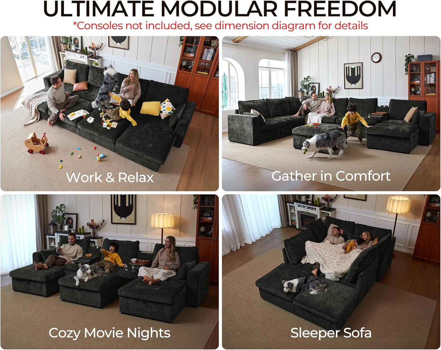 124.8'' Oversized Modular Sofa Comfy Cloud Couch with Storage, Extra Wide Sectional Sofa for Living Room, Covers Washable, 3-Seater, Chenille, Black