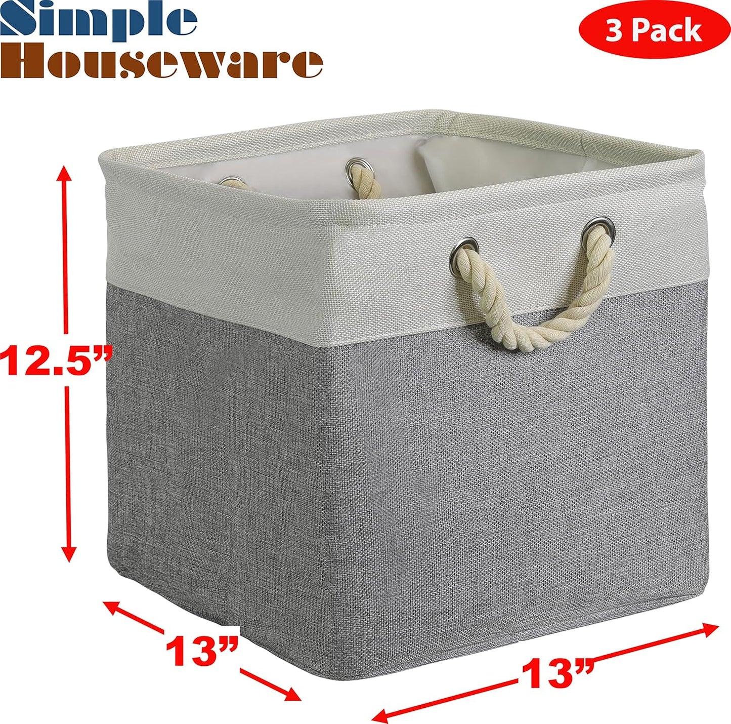 SIMPLE HOUSEWARE Fabric Storage Cubes, 13" x 13" Storage Bin, 3 Pack, Gray