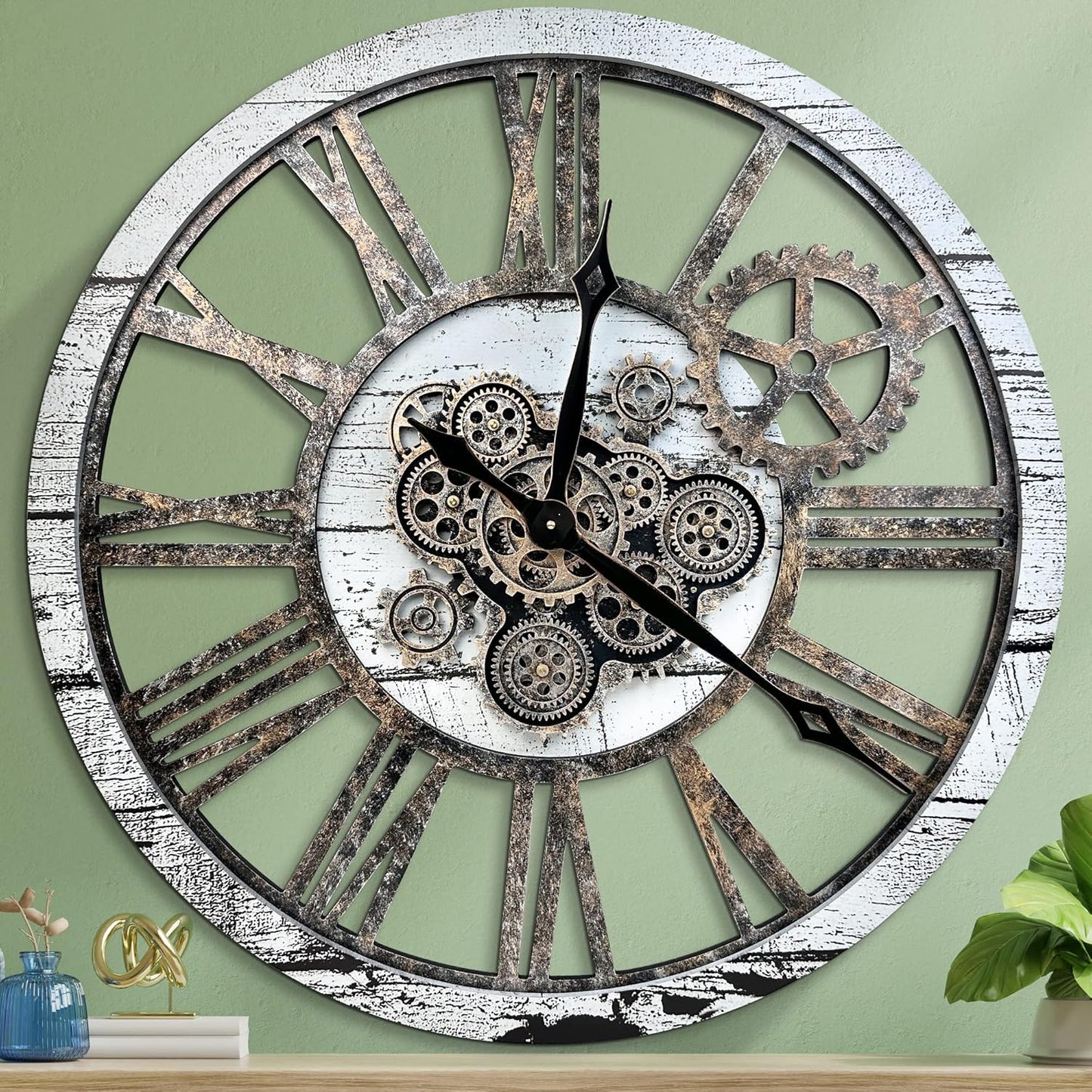 HOIBAI Large Wall Clock, Wall Clocks for Living Room Decor 36 Inch Farmhouse Vintage Rustic Kitchen Wall Decor Vintage Roman Oversized Wall Clock for Home Bedroom House, Moving Gears Clock