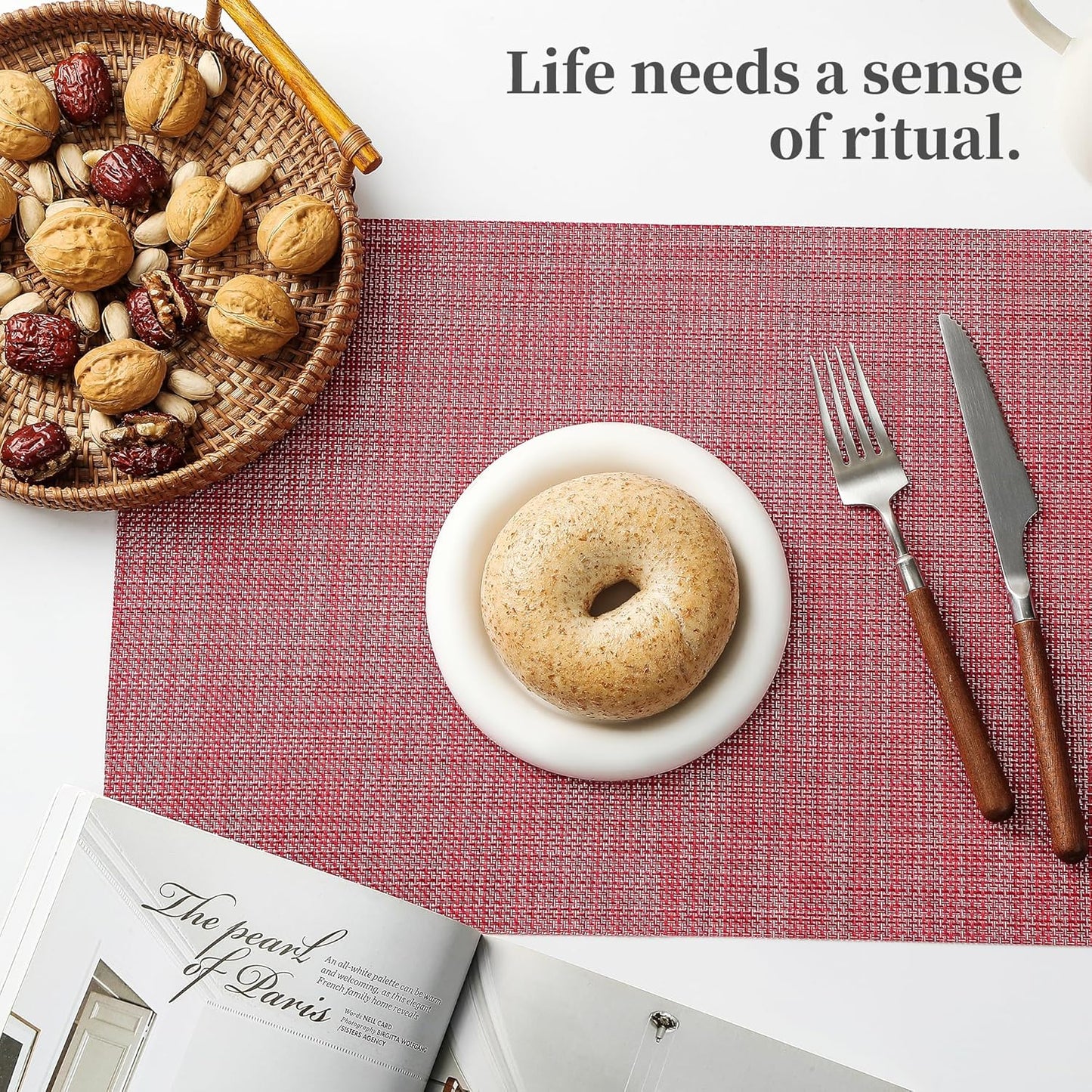 Leetaltree Red Placemats Set of 12 - Heat Resistant Non-Slip Place mats for Dining Table, Washable Durable PVC Vinyl Woven Table Mats(Red, 12)