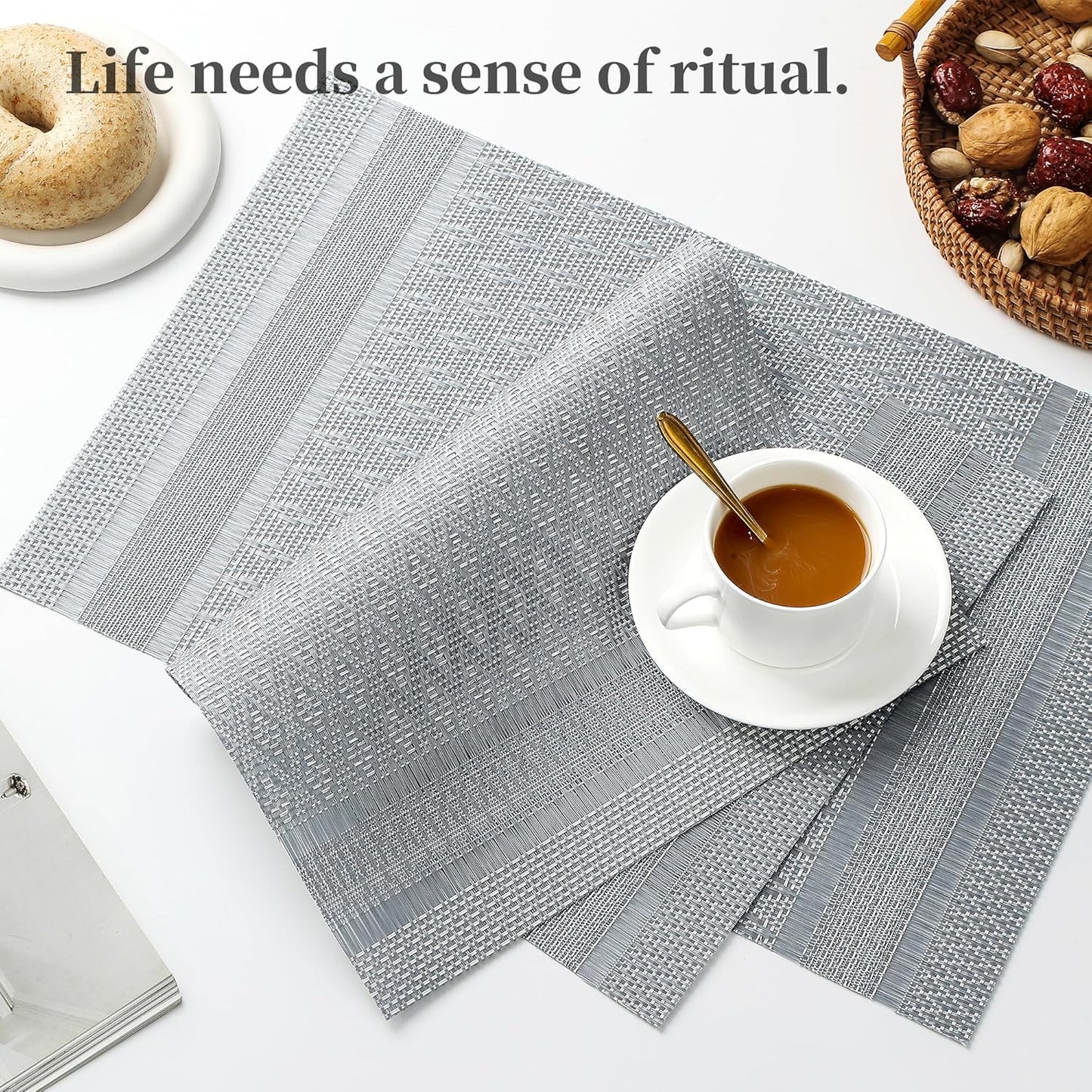 Leetaltree Lunar Grey Placemats Set of 12 - Heat Resistant Non-Slip Place mats for Dining Table, Washable Durable PVC Vinyl Woven Table Mats(Lunar Grey, 12)