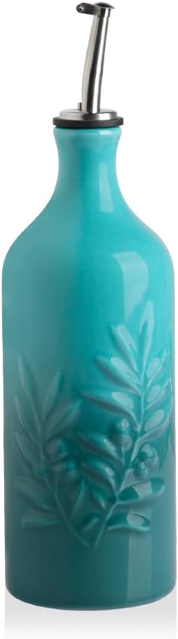 Sweejar Ceramic Olive Oil Dispenser Bottle, 20 Oz Relief Design EVOO Oil and Vinegar Dispensing Bottle with Spout for Kitchen, Set of 1 (Gradient Blue)