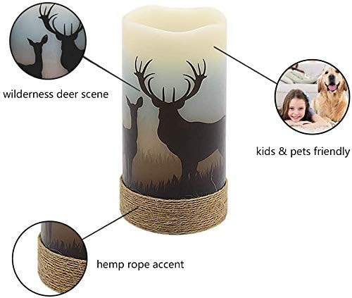 GenSwin Battery Operated Flameless Led Candles Flickering with Hemp Rope and 6H Timer, Real Wax Pillar Candles Warm Light with Deer, Moose, Bear Decals Decor Christmas Home(Pack of 3, D3 x H6)