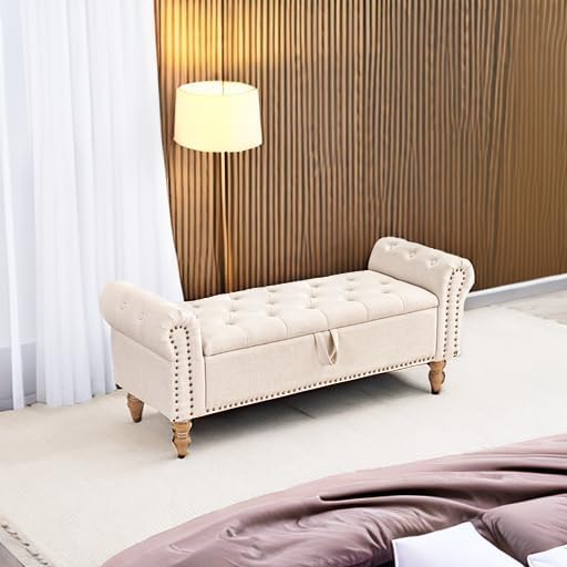 Furniliving 51” Storage Benches, End of Bed Bench with Button-Tufted Large Upholstered Storage Ottoman Linen Window Bench with Storage Shoe Cabinet Bench, for Bedroom, Entryway, Closet, Beige