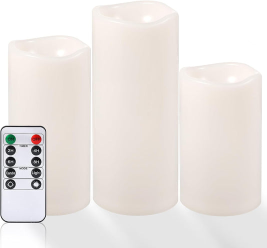 NURADA Large Waterproof Flameless Candles 6" 8" 10" x 4" - Outdoor Indoor LED Pillar Flickering Candle Battery Operated with Timer Remote for Patio Porch Lanterns - Ivory White Set of 3