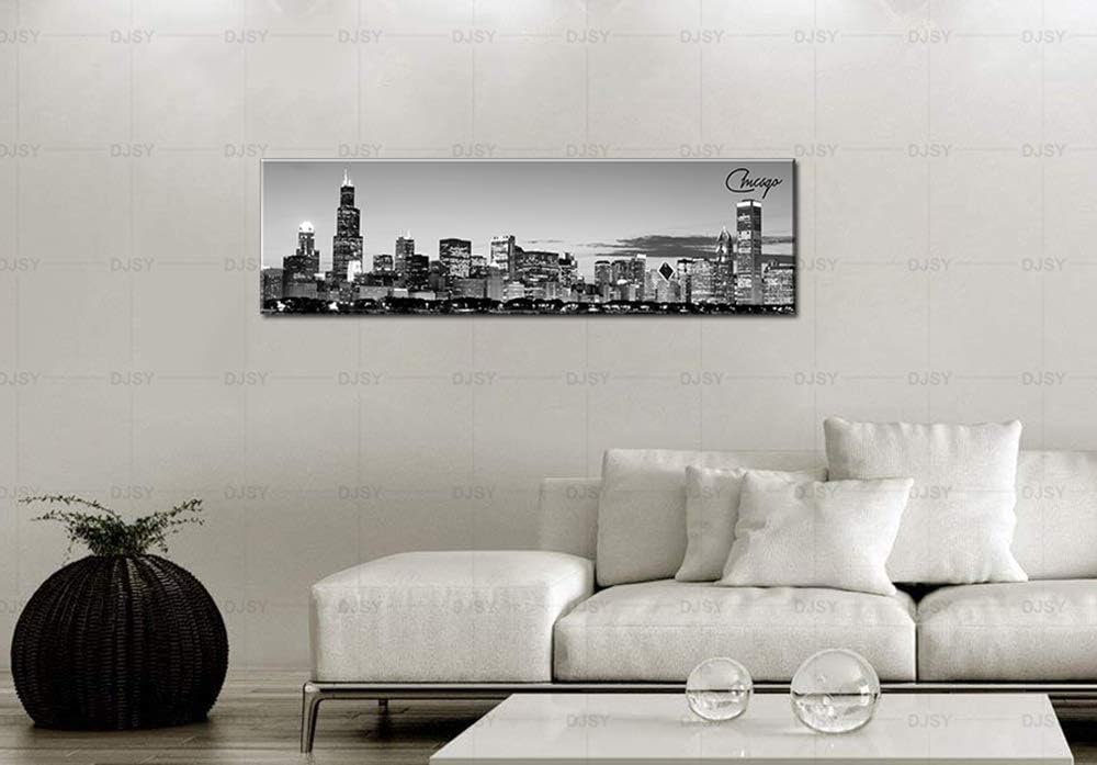 DJSYLIFE Chicago Skyline Wall Art - Black and White Modern Panoramic Cityscape Night View Picture Painting Bedroom Office Living Room Kitchen Home Decoration - Ready to Hang 13.8 "x 47.3" - Chicago 2