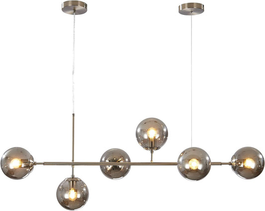 KCO Modern 6-Light Ceiling Pendant Lighting Mid-Century Glass Globes Sputnik Pendant Lamp Hanging Adjustable Chandelier for Kitchen Island Living Dining Room (Silver+Smoke Grey)