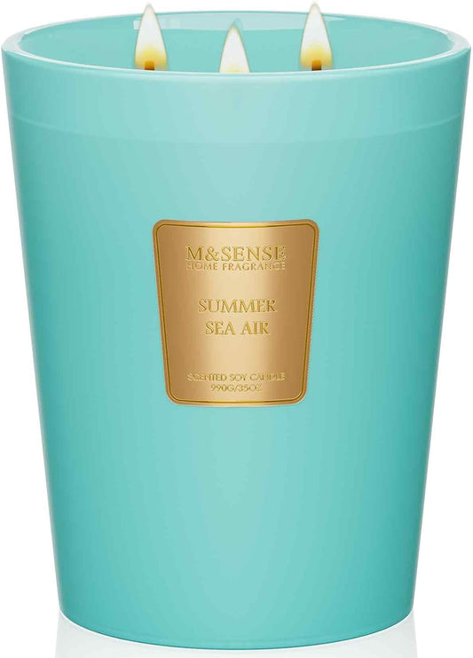 M&SENSE Summer Sea Air Scented Candle, 35 OZ Extra Large 3 Wick Natural Soy Wax Candles 150 Hours Long Lasting Slow Burning, Candles Gift for Spring Home Decor