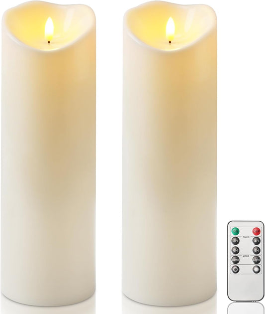 Homemory 4"x12" Outdoor Waterproof Flameless Candles with Timers and Remote Control, Battery Operated Candles, LED Plastic Candles, Ivory White, Set of 2