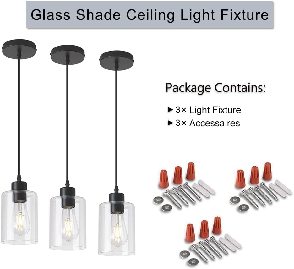 Modern Black Farmhouse Clear Glass Cylinder Pendant Light Fixture,Mini Pendant Lighting for Kitchen Island Decor - 4.75 Inch Shade, 2-58 Inch Cord (Black 3 Pack)