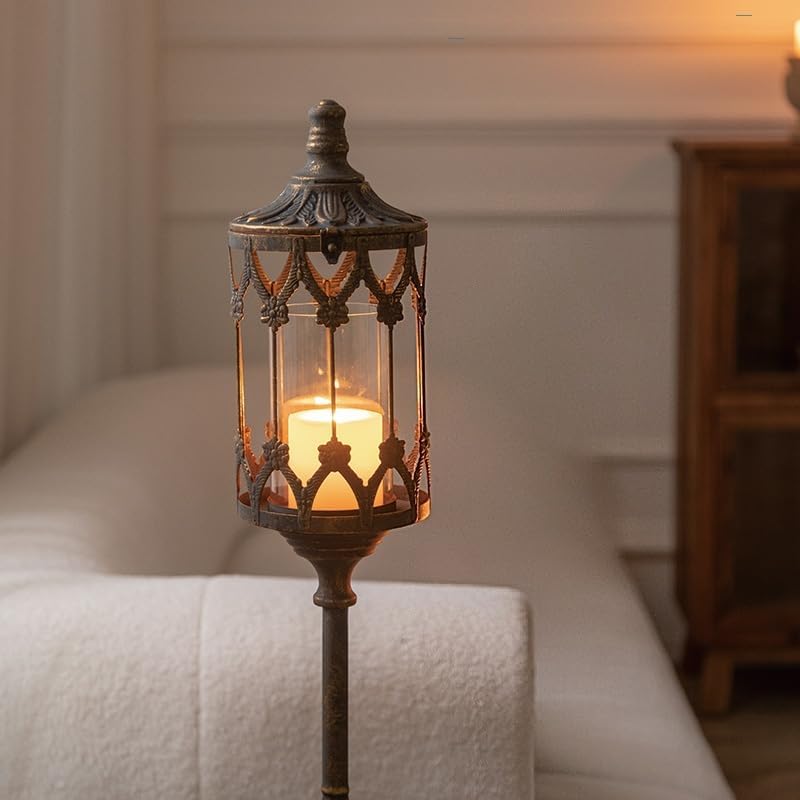 Vintage Floor Candelabra - 37.1" Tall Antique Gold Candle Holder with Glass Lantern, Rustic Gothic Metal Pillar Stand for Home Decor, Wedding & Event Centerpiece